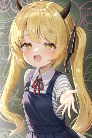 Ibuki,pinafore_dress,hair_ribbon,collared_shirt, blonde, demon horns, white, chalkboard background, small horns, black horns, 