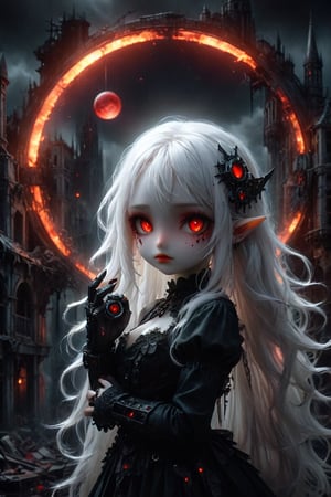 A cybernetic gothic girl ,a ruined cityscape,very long white hair flowing in the wind . red eyes glow like red rubies,  The full moon ,chibi doll,holding a big shining mirror reflective knife in hand