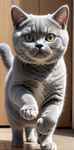  a cute blue and white British shorthair cat with round dilated pupils, body standing like a human, limbs stretched out, frontal face, 