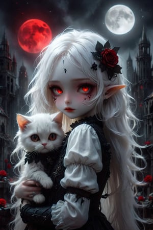 A cybernetic gothic girl ,a ruined cityscape,very long white hair flowing in the wind . red eyes glow like red rubies,  The full moon ,chibi doll,holding a cat,black roses