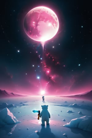 wide angle,Long distance shot, side view of the body ,The polar bear is Holding a pink  toy water gun in hand, standing and shooting at A rabbit who is frozen in ice ,photo,Sad and lonely atmosphere,Planet horizon, space nebula,Panorama,moon