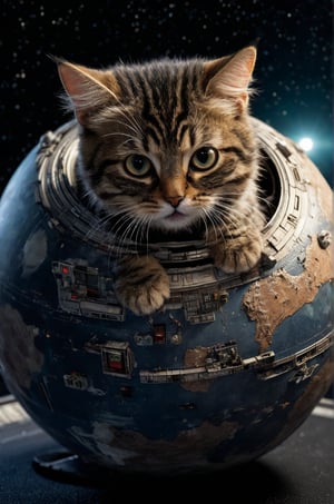 Extremely realistic, high-definition, real cat,A giant, big-eyed cat is on a miniature planet, with its mouth wide open as if trying to swallow a Star Wars spaceship. The background is a dark, mysterious space.Add more details XL,