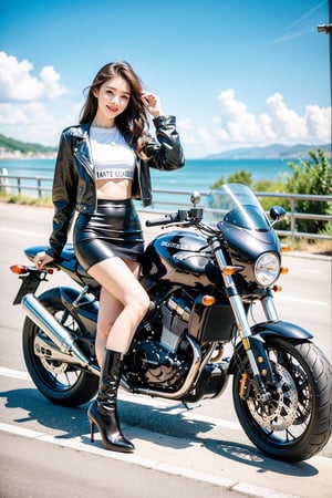 (masterpiece), (best quality),(ultra-detailed),(illustration),(extremely detailed),(perfect anatomy),(super detailed skin),(detailed),(beautiful detailed eyes),1girl,solo,punk,Patent leather jacket, black tight  bodycon leather skirt, high-heeled leather boots,Racers,ridding a Racing motorcycles,very long hair,curly hair,slender figure,long legseyebrows, sideways glance, light smile,sea,seaside road,photorealistic,full-body shot,long shot