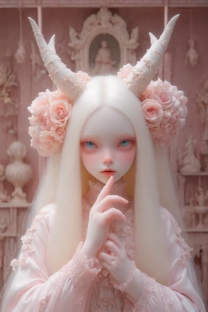 (white porcelain)  doll with a cracked face and limbs ,blonde long  hair, blue eyes,  haunting lighting effect, detailed, cinematic, atmospheric, digital painting, character design by Jasmine Becket-Griffith and Mark Ryden, 4k resolution, (pale albino skin:1.4), (glass skin textures),  dressed in pink, sits in an indoor environment filled with pink tones. Her clothing design has a retro element, and the bow decoration on her head adds a bit of cuteness. The room is decorated with cosmetics, perfume bottles and other delicate little objects, and the overall atmosphere is elegant and dreamy. The main color of the environment is pink