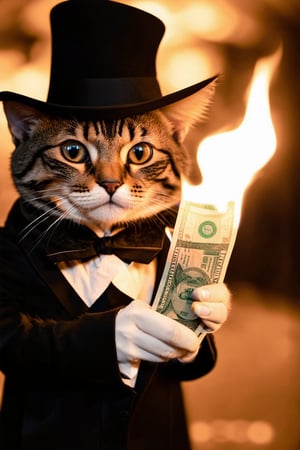 Enlarged round cat pupils,extreme real world, high definition, real photos, masterpieces, supplementary details, A cute cat dressed as a gangster holds a burning banknote in one hand and prepares to light a cigarette