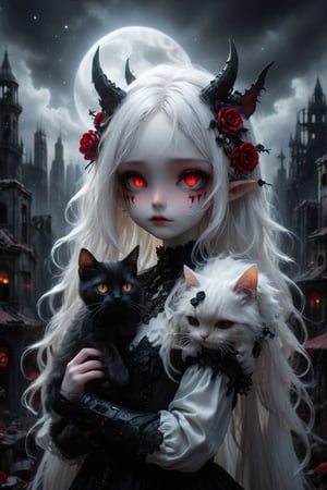 A cybernetic gothic girl ,a ruined cityscape,very long white hair flowing in the wind . red eyes glow like red rubies,  The full moon ,chibi doll,holding a cat,black roses