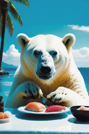 A real sad polar bear holding a knife and cutting fish, making sushi,in a Island open-air restaurant,coconut trees, blue sea, blue sky,tropical island,photo,photographed by Miles Aldridge,