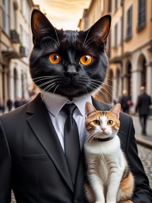 Cinematic lighting,bright natural light,Create an image of an individual with a cat head in a Black suit uniform and black tie, holding an orange and white cat with big beautiful eyes. capturing the essence of elegance and companionship between individual and pet.
photo realism, DSLR, 8k uhd, hdr, ultra-detailed, high quality, high contrast (Masterpiece, award-winning work) many details, extremely meticulous, high quality, real photo shot, art composition,more detail XL
