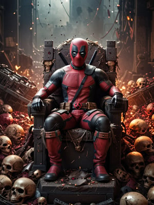 cinematic lighting, realistic, A legendary shot of Deadpool in a dark and gritty setting. He is sitting on a throne of skulls, surrounded by the detritus of battle.  A cute cat is in his arm,the pose is dynamic and engaging, with Deadpool looking directly at the viewer. The colors are vibrant and saturated, with a strong emphasis on red and black. The level of detail is incredible, with every skull and every piece of armor rendered in stunning realism. The image has been post-processed to add even more detail and atmosphere. The overall effect is one of ultra-realism and cinematic quality.
 (Masterpiece, award-winning work) many details, extremely meticulous, high quality,  real photo shot, art composition,more detail XL,,,,,,,,,,,,<lora:659095807385103906:1.0>