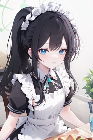 1girl, solo, apron, maid, aris \(blue archive\), alternate costume, blue eyes, maid headdress, enmaided, smile, halo, white background, short sleeves, long hair, black hair, looking at viewer, maid apron, simple background, puffy sleeves, dress, holding, neck ribbon, bangs, :d, black dress, white apron, open mouth, blush, frills, ribbon, very long hair, frilled apron, puffy short sleeves, ponytail, alternate hairstyle