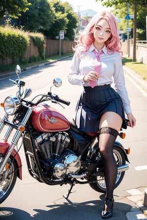 (masterpiece), (best quality),(ultra-detailed),(illustration),(extremely detailed),(perfect anatomy),(super detailed skin),(detailed),(beautiful detailed eyes),1girl,solo,ridding on a motorcycle,pink hair,very long hair,curly hair,blue eyes,(school uniform), (white shirt),tie, skirt,black thighhighs,thin,long legs,black high heels,curvy, eyebrows, sideways glance, light smile,seaside road,photorealistic,full-body shot,long shot