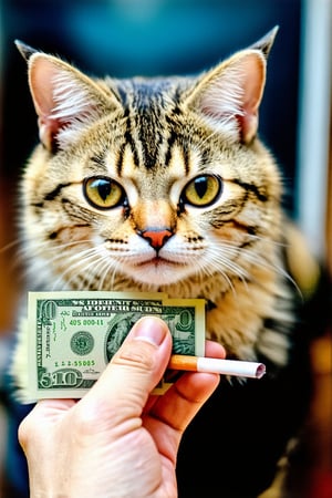 big round eye pupils,extreme real world, high definition, real photos, masterpieces, supplementary details, real cute cats, like people, holding a burning dollar bill in one hand, ready to light a cigarette,