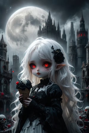 A cybernetic gothic girl ,a ruined cityscape,very long white hair flowing in the wind . red eyes glow like red rubies,  The full moon ,chibi doll,holding a ice cream,black roses