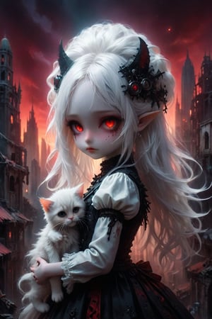 A cybernetic gothic girl ,a ruined cityscape,very long white hair flowing in the wind . red eyes glow like red rubies,  The full moon ,chibi doll,holding a cat