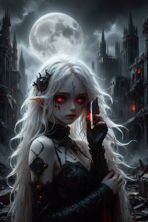 A cybernetic gothic girl ,a ruined cityscape,very long white hair flowing in the wind . red eyes glow like red rubies,  The full moon ,holding a big shining mirror reflective knife in hand