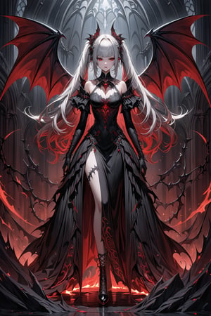 (masterpiece,ultra detailed,high-quality,8k,professional,UHD,)Gothic theme, dark theme, gothic makeup,hair ornaments, long white hair,(blunt  bangs, curly hair,twin ponytails),red eyes,ruby-like eyes , full body,A powerful and imposing girl,standing ,She is dressed in a revealing, intricately designed black outfit adorned with thorn-like patterns, emphasizing an aura of strength and dominance. Dark, bat-like wings extend from her back, 
Flanking her are two ferocious, demonic black dogs with glowing red eyes and snarling expressions, their mouths dripping with an ominous red substance. 