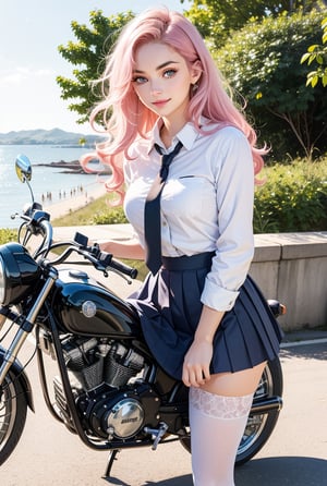 (masterpiece), (best quality),(ultra-detailed),(illustration),(extremely detailed),(perfect anatomy),(super detailed skin),(detailed),(beautiful detailed eyes),1girl,solo,ridding on a motorcycle,pink hair,very long hair,curly hair,blue eyes,(school uniform), (white shirt),tie, skirt,thighhighs,long legs,curvy, eyebrows, sideways glance, light smile,seaside road,photorealistic,full-body shot