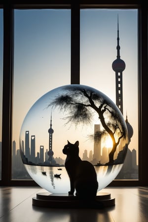 (Masterpiece, award-winning work) Silhouette of a cat filled with the scene of the Oriental Pearl of Shanghai, double exposure, more detail XL