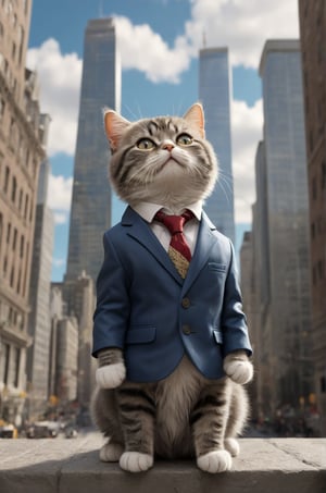 Extremely realistic, high-definition, super detailed,real cat, little cat,A real cute cat,Wearing a high-end suit, standing on Wall Street, looking up at the high-rise buildings 