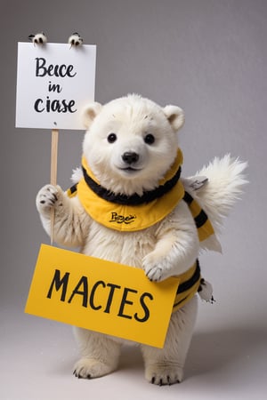 Film lighting,A cute polar bear cub, Wearing a cute roomy bee costume, Dressed up like a huge bee,(holding sign with text ), in the style of, meticulous details, ultimate photo-realistic, (holding sign that reads "cosplay BEE" ), 32k, Photo realism, Hyper-realistic, analog style, realistic, film photography, 
 (Masterpiece, award-winning work) many details, extremely meticulous, high quality,  real photo shot, art composition,more detail XL,,,<lora:659095807385103906:1.0>