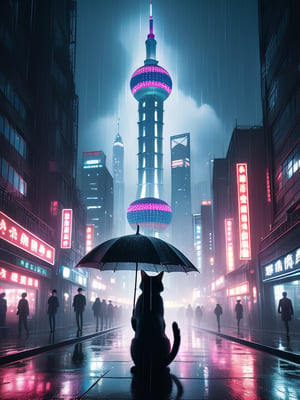 A cinematic masterpiece! A long shot captures the majestic scene: a colossal cat sprawled atop the Oriental Pearl Tower in Shanghai, umbrella in paw, as thunderstorms rage above and rain pours down. The cat's fur glistens with dew, while its eyes shine like polished onyx. In the background, city lights twinkle like diamonds. The framing emphasizes the tower's sleek curves, as a delicate balance of light and shadow defines the scene. Each strand of fur, each drop of rain, is meticulously rendered in high-definition, inviting the viewer to step into this extraordinary world.