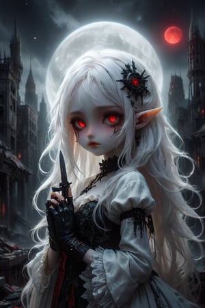 A cybernetic gothic girl ,a ruined cityscape,very long white hair flowing in the wind . red eyes glow like red rubies,  The full moon ,chibi doll,holding a shining knife in hand