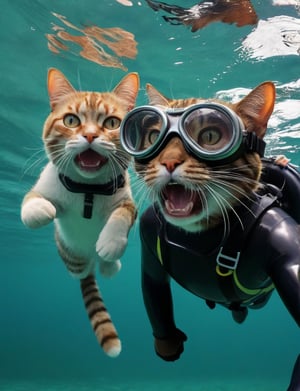 looking at viewer, open mouth, water, no humans, animal, border, 2 cats, goggles, innertube, goggles on head, animal focus, whiskers, afloat, diving mask, snorkel