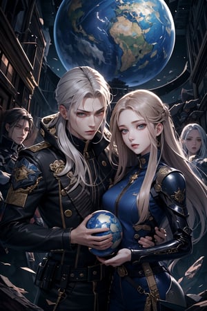 The protagonists are surrounded by a group resembling a rebel militia in the ruins of the abandoned city. The male protagonist, with sleek silver-gray hair and a drawn weapon, stands protectively in front of the female protagonist, who is showing the globe to the militia leader. The female protagonist, with her long golden hair and amber eyes, tries to communicate the global crisis, holding the globe up as a peace offering. The rebels are diverse, wearing mismatched armor and carrying futuristic weapons. The scene is tense, filled with suspicion and the possibility of conflict, set against a backdrop of crumbling buildings and flickering holographic signs, in a detailed Korean manhwa style, vertical aspect ratio.