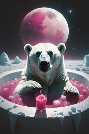 wide angle,Long distance shot, side view of the body ,The polar bear is lying sideways in a bathtub full of ice cubes, holding a pink drink in its hand.Ice covered his body,
on the moon, photo,Sad and lonely atmosphere,Planet horizon, space nebula