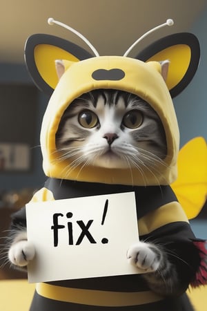 Realistic photograph of a cat in comically ill fitting bee-costume-, (holding sign with text ), in the style of, meticulous details, ultimate photo-realistic, still life, (holding sign that reads "fix buzz plz" ), david teniers the younger, charming character illustrations, use of screen tones, 32k, subsurface scattering, Photo realism, Hyper-realistic, analog style, realistic, film photography, soft lighting, heavy shadow