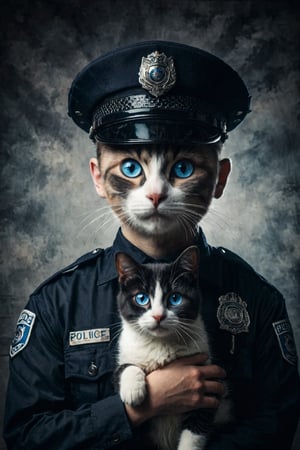 Create an image of an individual in a 
police uniform and Wearing a police officer hat, holding a black and white cat with piercing blue eyes. The setting should have soft, cool-toned colors , capturing the essence of elegance and companionship between individual and pet.simple background
