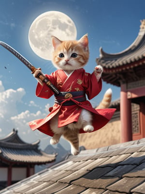 long shot of character, movie style, on the tile roof,a cute kitten((sword in hand, flying forward, feet off the roof)), wearing ancient Chinese robe, flowing robe, bright moon in the sky, Chinese martial arts style,Cinematic Lighting,
 (Masterpiece, award-winning work) many details, extremely meticulous, high quality,  real photo shot, art composition,more detail XL,,,<lora:659095807385103906:1.0>