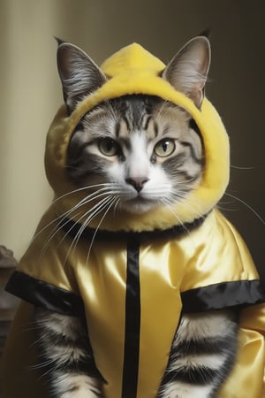 Realistic photograph of a cat in comically ill fitting bee-costume-,  in the style of, meticulous details, ultimate photo-realistic, still life,  david teniers the younger, charming character illustrations, use of screen tones, 32k, subsurface scattering, Photo realism, Hyper-realistic, analog style, realistic, film photography, soft lighting, heavy shadow