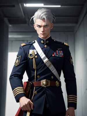 Create an image of a male character in a futuristic military uniform, with sleek silver-gray hair styled tightly to his head, piercing deep blue eyes, and pale complexion. He should have an authoritative stance, wearing a dark navy uniform with bright golden buttons and insignias indicating a high rank, complemented by a black tactical belt and epaulettes. His build is strong, exuding leadership and warrior resilience, and he is gripping a futuristic pistol in his right hand. The character should be positioned against a gritty, futuristic backdrop, capturing the essence of a determined and strategic military leader. The art style should be in the aesthetic of high-detail anime, with a vertical aspect ratio.