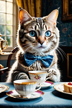 Realistic photograph of a cat ，Extremely realistic, high-definition, real cat,A cute big-eyed cat is  Having afternoon tea dressed as Alice in Wonderland， mysterious space.Add more details XL, david teniers the younger, charming character illustrations, use of screen tones, 32k, subsurface scattering, Photo realism, Hyper-realistic, analog style, realistic, film photography, soft lighting, heavy shadow