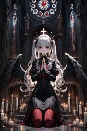 (masterpiece,ultra detailed,high-quality,8k,professional,UHD,)Gothic theme, dark theme, gothic makeup,hair ornaments, long white hair,(blunt  bangs, curly hair,twin ponytails),red eyes,ruby-like eyes , full body shot,fallen angel with Big black wings,  candle, kneeling, hands in prayer pose, side view, church, artistic composition, golden ratio,