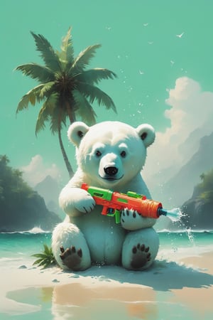 A lonely and sad polar bear is spraying starfish with a  water gun in his hand, sitting under a coconut tree, isolated island, sea, waves, mint green,photo