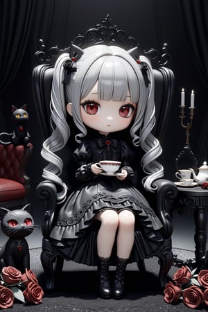 (3D-figure,chibi,blythe-doll,)(masterpiece,ultra detailed,high-quality,8k,professional,UHD,)Gothic theme, dark theme, black gothic dress, gothic makeup, tea time,Monochrome gothic room,sitting on a chair 
,holding a teacup, hair ornaments, white hair,(blunt bangs, curly hair,High twin ponytails),black carpet floor,black cats ,bunches,red ruby eyes,roses