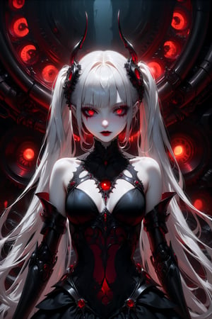 (masterpiece,ultra detailed,high-quality,8k,professional,UHD,)Gothic theme, dark theme, gothic makeup,hair ornaments, long white hair,(blunt  bangs, curly hair,twin ponytails),red eyes,ruby-like eyes , A  girl,, albino demon princess,  evil mechanical body exudes an eerie beauty. Her pale skin contrasts with her intricate, dark, metallic limbs and torso, adorned with sinister gears and glowing red eyes. This chillingly beautiful figure commands a presence that is both mesmerizing and terrifying.,sad, mechanical arms,fighting,Alien in the Alien movie