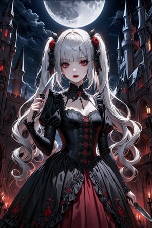 (masterpiece,ultra detailed,high-quality,8k,professional,UHD,)Gothic theme, dark theme, gothic makeup,hair ornaments, white hair,(blunt  bangs, curly hair,twin ponytails),red eyes,ruby-like eyes,gothic dress,Castle, moonlit night, One hand holds a knife and points it at the sky
