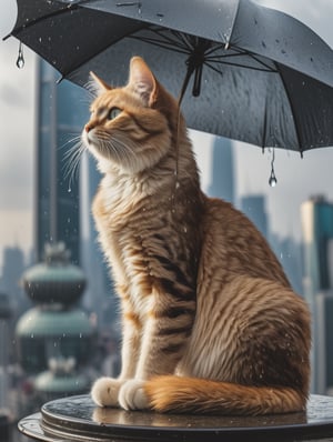 A cinematic masterpiece! A long shot captures the majestic scene: a colossal cat sprawled atop the Oriental Pearl Tower in Shanghai, umbrella in paw, as thunderstorms rage above and rain pours down. The cat's fur glistens with dew, while its eyes shine like polished onyx. In the background, city lights twinkle like diamonds. The framing emphasizes the tower's sleek curves, as a delicate balance of light and shadow defines the scene. Each strand of fur, each drop of rain, is meticulously rendered in high-definition, inviting the viewer to step into this extraordinary world.,<lora:659095807385103906:1.0>