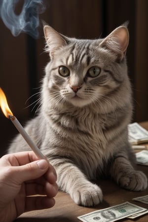 extreme real world, high definition, real photos, masterpieces, supplementary details, real cute cats, like people, holding a burning dollar bill in one hand, ready to light a cigarette, vertical picture,