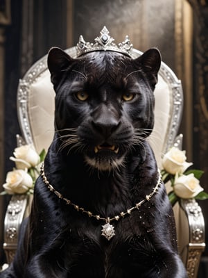 cinematic lighting,A Black panther,Wearing a European royal diamond crown and lyin on the throne ,White rose in mouth,The contrast between light and dark highlights the image of the black panther
 (Masterpiece, award-winning work) many details, extremely meticulous, high quality,  real photo shot, art composition,more detail XL,,,<lora:659095807385103906:1.0>