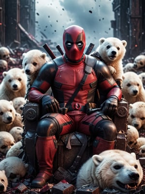 cinematic lighting, realistic, A legendary shot of Deadpool in a dark and gritty setting. He is sitting on a throne of skulls, surrounded by the detritus of battle.  A cute polar bear cub is in his arm,the pose is dynamic and engaging, with Deadpool looking directly at the viewer. The colors are vibrant and saturated, with a strong emphasis on red and black. The level of detail is incredible, with every skull and every piece of armor rendered in stunning realism. The image has been post-processed to add even more detail and atmosphere. The overall effect is one of ultra-realism and cinematic quality.
 (Masterpiece, award-winning work) many details, extremely meticulous, high quality,  real photo shot, art composition,more detail XL,,,,,,,,,,<lora:659095807385103906:1.0>