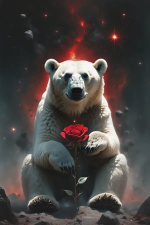 A polar bear Sitting on the ground with his head lowered and hugging his knees, he looked face to face at a red rose in a glass cover, with smoke from fans exploding in the air.on a planet in the galaxy. The vastness of space is filled with stars, explosion fragments, and the planet's surface is dotted with rocks and craters., photo