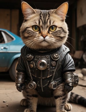 A cat dressed as  a character from the movie Mad Max,big eyes,high resolution photo,Big round cat pupils,Whole body, standing like a human