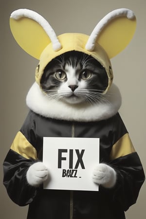 Realistic photograph of a cat in comically ill fitting bee-costume-, (holding sign with text ), in the style of, meticulous details, ultimate photo-realistic, still life, (holding sign that reads "fix buzz plz" ), david teniers the younger, charming character illustrations, use of screen tones, 32k, subsurface scattering, Photo realism, Hyper-realistic, analog style, realistic, film photography, soft lighting, heavy shadow