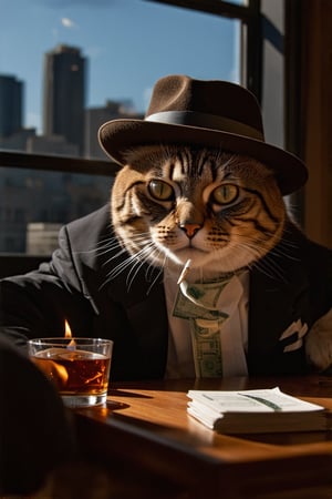 A close-up shot of a large-eyed cat, dressed in a fedora and suit, sitting at a dimly lit table. The camera captures the cat's intense gaze as it holds a burning banknote in its paw and prepares to light a cigarette in its mouth. Supplementary details include a whiskey glass and a pack of cigarettes on the table, with a cityscape visible through the window behind. The high-definition image is so real, you can almost smell the smoke.