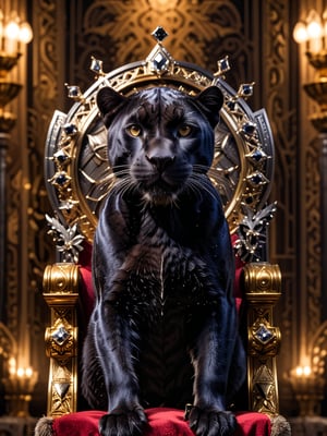 cinematic lighting,A Black panther,Wearing a European royal diamond crown and sitting on the throne , artistic photo, 
 (Masterpiece, award-winning work) many details, extremely meticulous, high quality,  real photo shot, art composition,more detail XL,,<lora:659095807385103906:1.0>,<lora:659095807385103906:1.0>