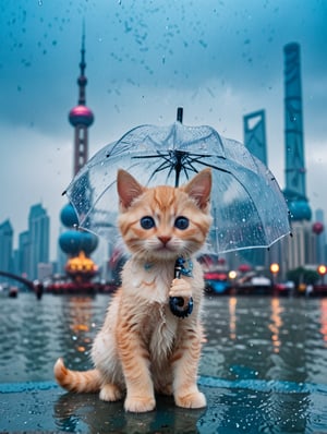 Long shot of character, movie style, cinematic lighting,A cute kitten， a  transparent umbrella in its hand，Half his body in blue water. In the background is the Shanghai Bund with landmarks such as the Oriental Pearl Tower.rainy day，
 (Masterpiece, award-winning work) many details, extremely meticulous, high quality,  real photo shot, art composition,more detail XL,
,<lora:659095807385103906:1.0>,<lora:659095807385103906:1.0>